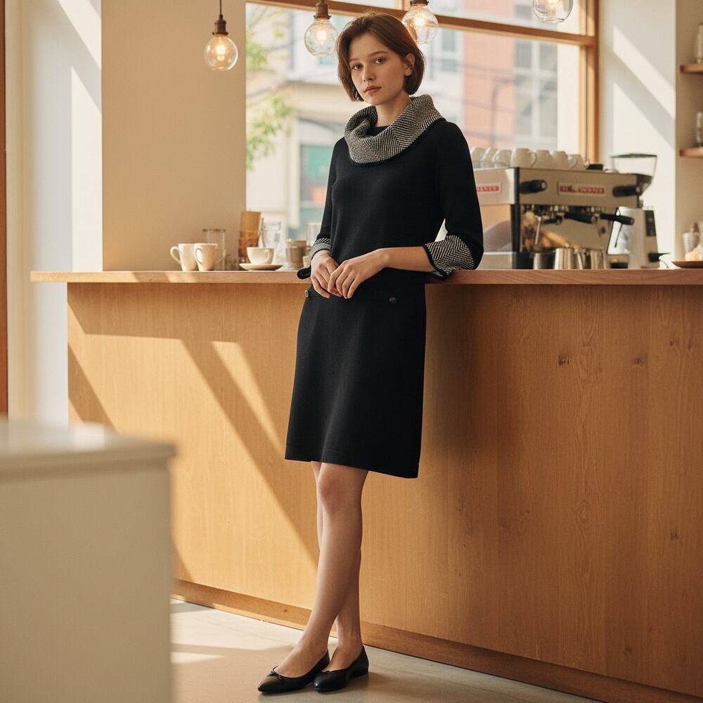 JH Black A-Line Knit Dress Small Cowl Neck Faux Pocket Button